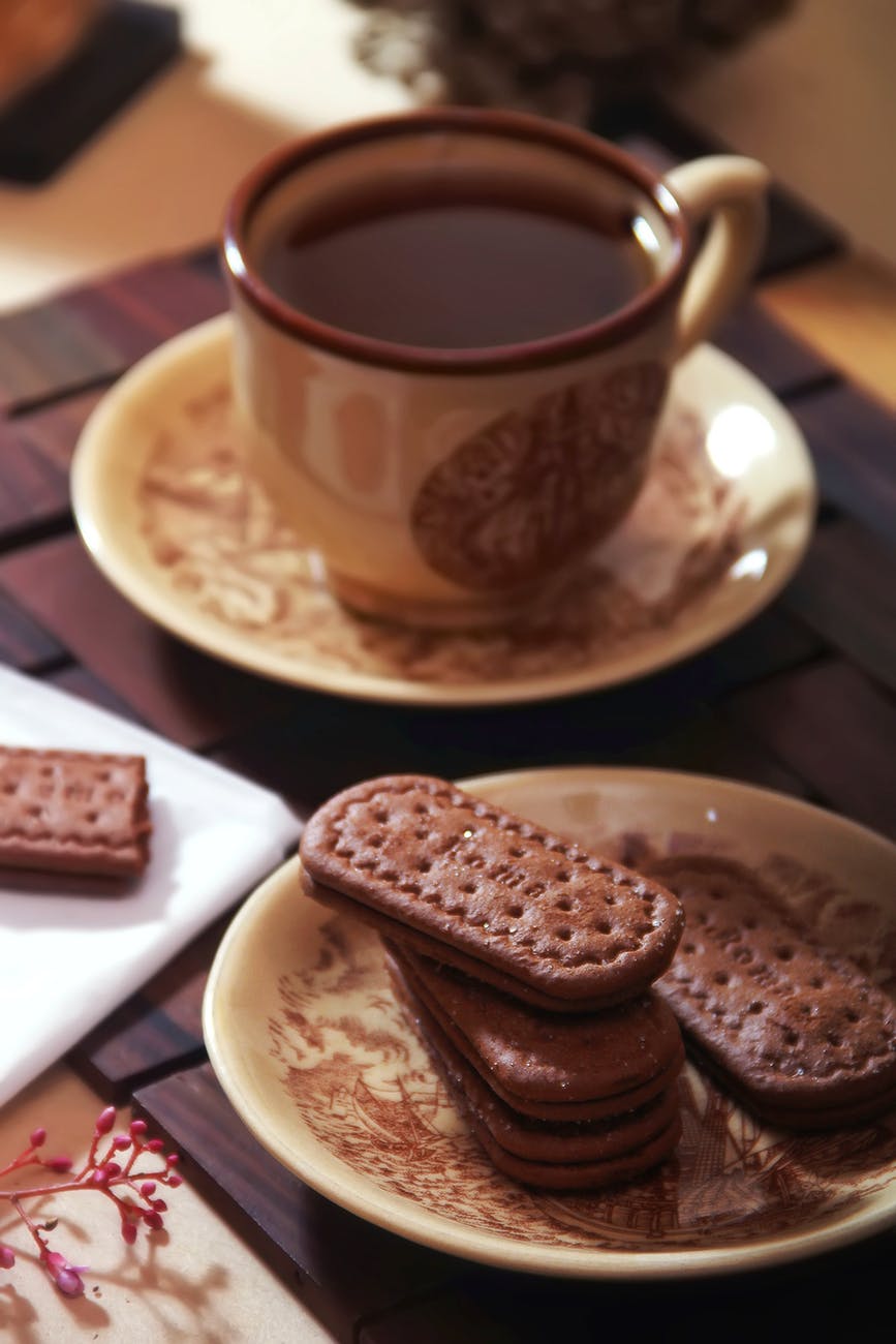 chocolate biscuits beside chocolate coffee